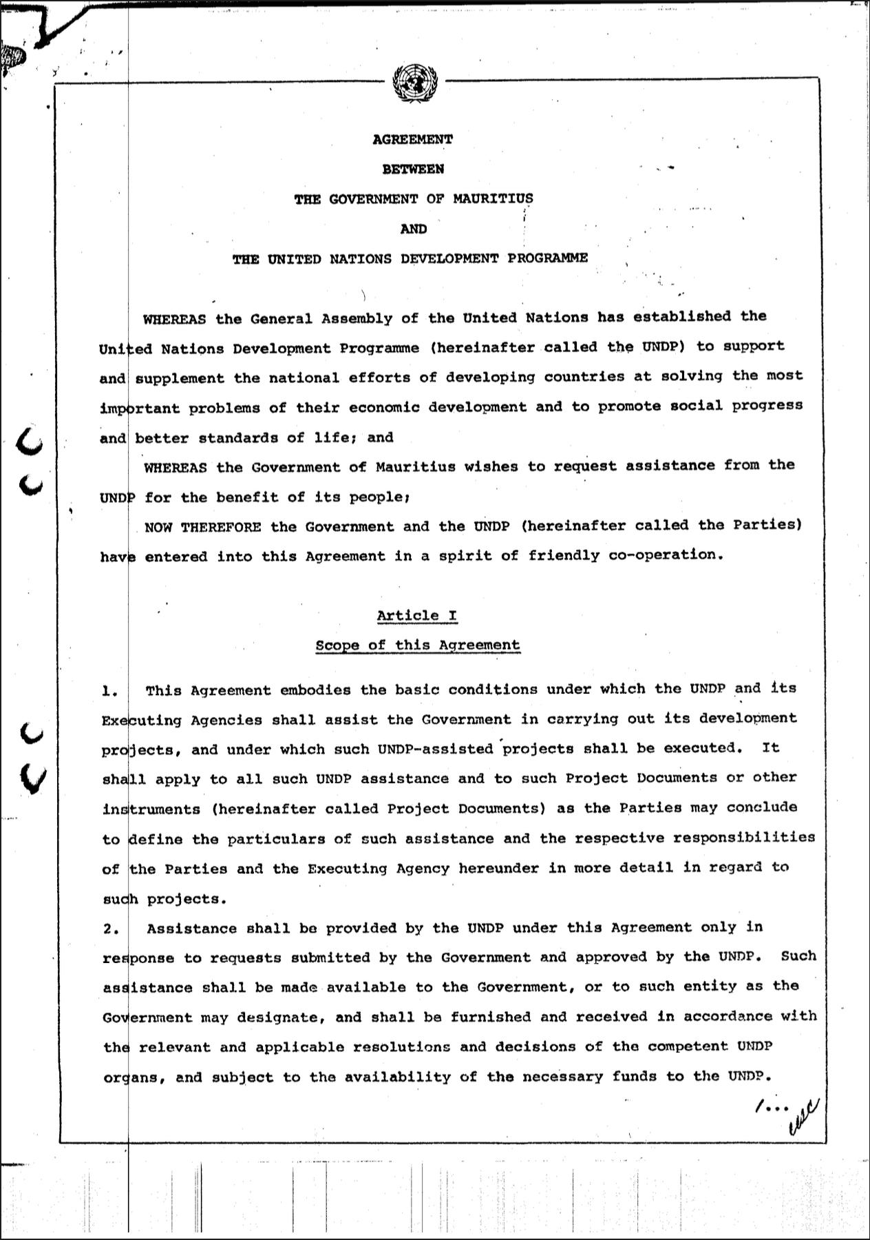 Grant Assistance To Mauritius: Notes Exchange And Agreement Grant Assistance To Mauritius: Notes Exchange And Agreement