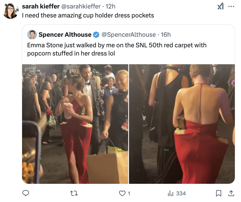 SNL 50th Anniversary: Emma Stone's Memorable Popcorn Dress SNL 50th Anniversary: Emma Stone's Memorable Popcorn Dress