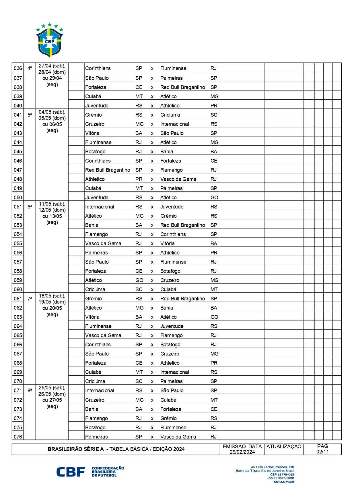 Tabela Do Brasileirão Série A: CBF Confirma Calendário Completo Tabela Do Brasileirão Série A: CBF Confirma Calendário Completo
